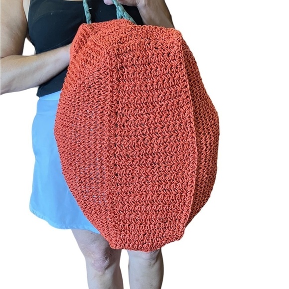 Orange Jumbo Straw Tote Bag Woven Straw Errands 16x16x4.5” Handle Drop 15 - Picture 5 of 8